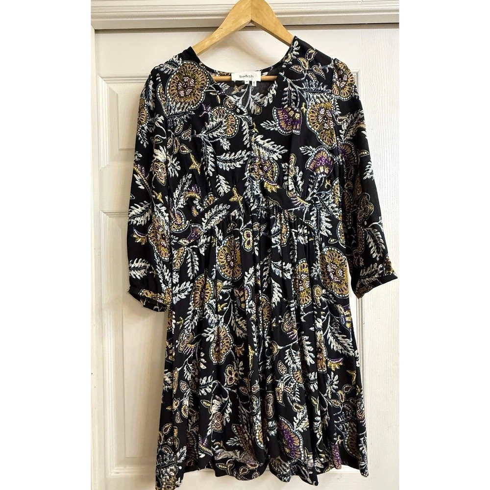 ba&sh Paris Mini Dress Womens XS Black Floral Paisley Boho V-Neck